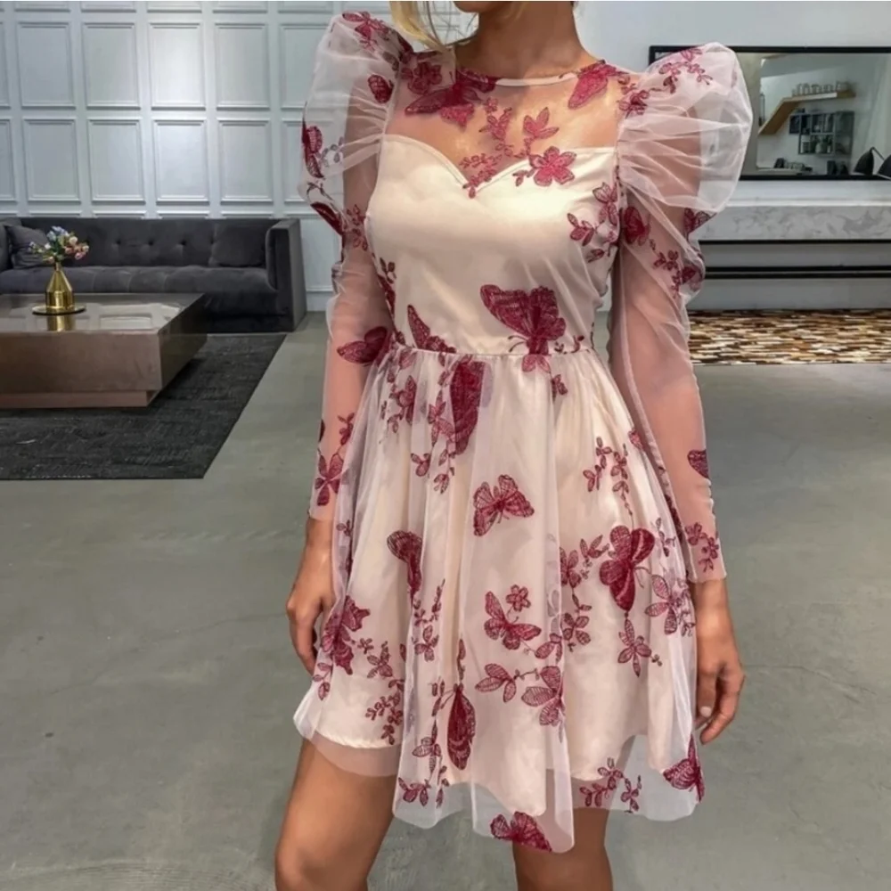 Elegant Sheer Floral Apricot Puff Sleeve Butterfly Printed Mini Dress - Size L - Picture 3 of 5